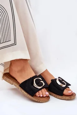 Płaskie Klapki Damskie Z Ozdobnym Detalem Czarne Nellodra