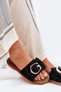 Płaskie Klapki Damskie Z Ozdobnym Detalem Czarne Nellodra