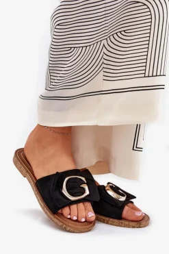 Płaskie Klapki Damskie Z Ozdobnym Detalem Czarne Nellodra