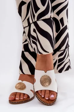 Płaskie Klapki Damskie Z Ozdobnym Detalem Białe Oferry