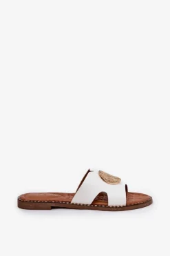 Płaskie Klapki Damskie Z Ozdobnym Detalem Białe Oferry