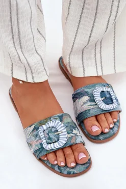 Płaskie Klapki Damskie Z Ozdobną Klamrą Niebieskie Clariola