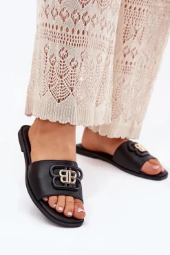 Płaskie Klapki Damskie Z Ozdobnym Detalem Czarne Nenitta