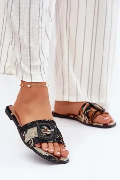 Płaskie Klapki Damskie Z Ozdobną Klamrą Czarne Clariola