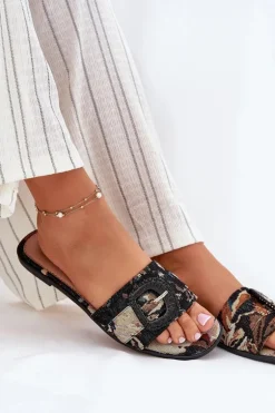 Płaskie Klapki Damskie Z Ozdobną Klamrą Czarne Clariola