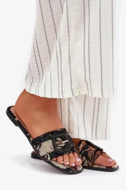 Płaskie Klapki Damskie Z Ozdobną Klamrą Czarne Clariola