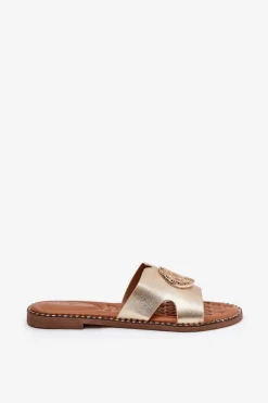 Płaskie Klapki Damskie Z Ozdobnym Detalem Złote Oferry