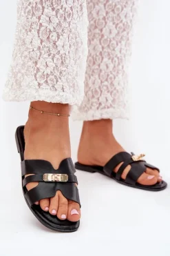 Płaskie Klapki Damskie Z Paseczkiem I Złotym Detalem Czarne Kerenza