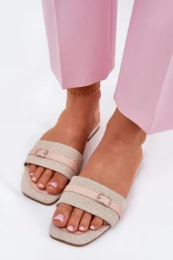 Płaskie Klapki Damskie Z Paskiem I Sprzączką Beżowe Zilina