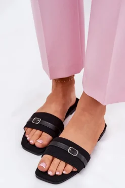 Płaskie Klapki Damskie Z Paskiem I Sprzączką Czarne Zilina