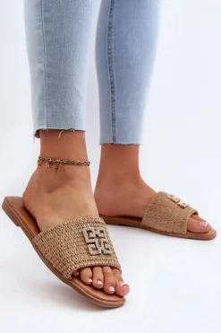 Płaskie Klapki Damskie Z Plecionką I Ozdobą Beżowe Omenna