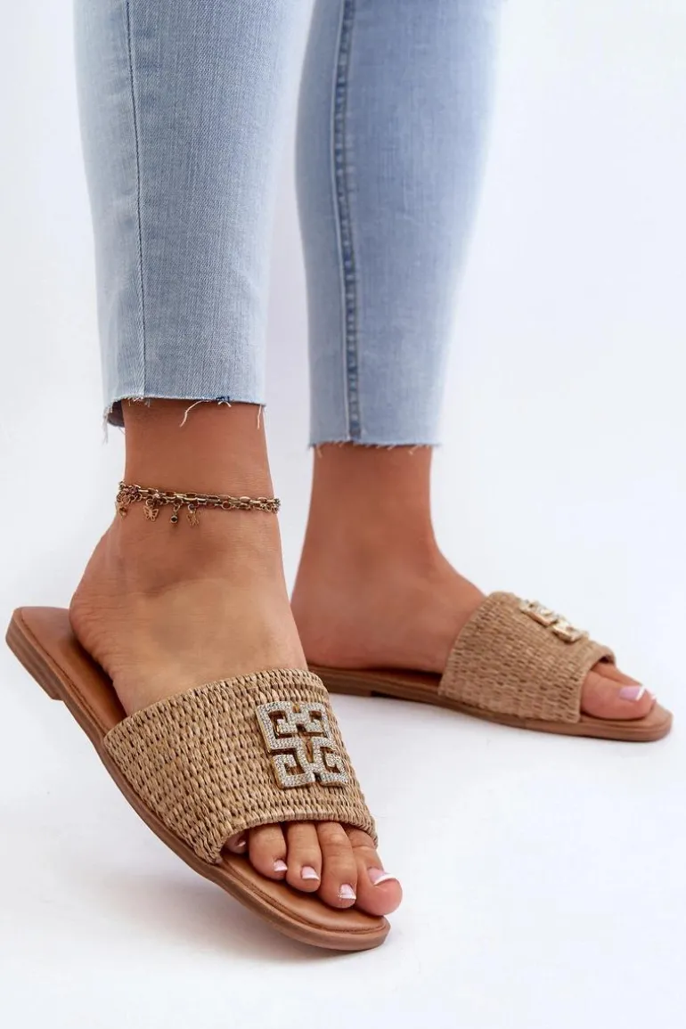 Płaskie Klapki Damskie Z Plecionką I Ozdobą Beżowe Omenna