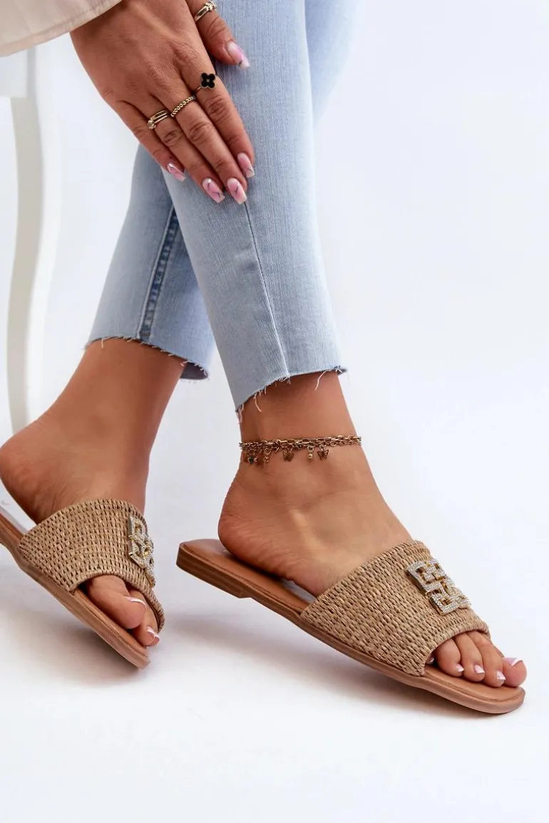 Płaskie Klapki Damskie Z Plecionką I Ozdobą Beżowe Omenna