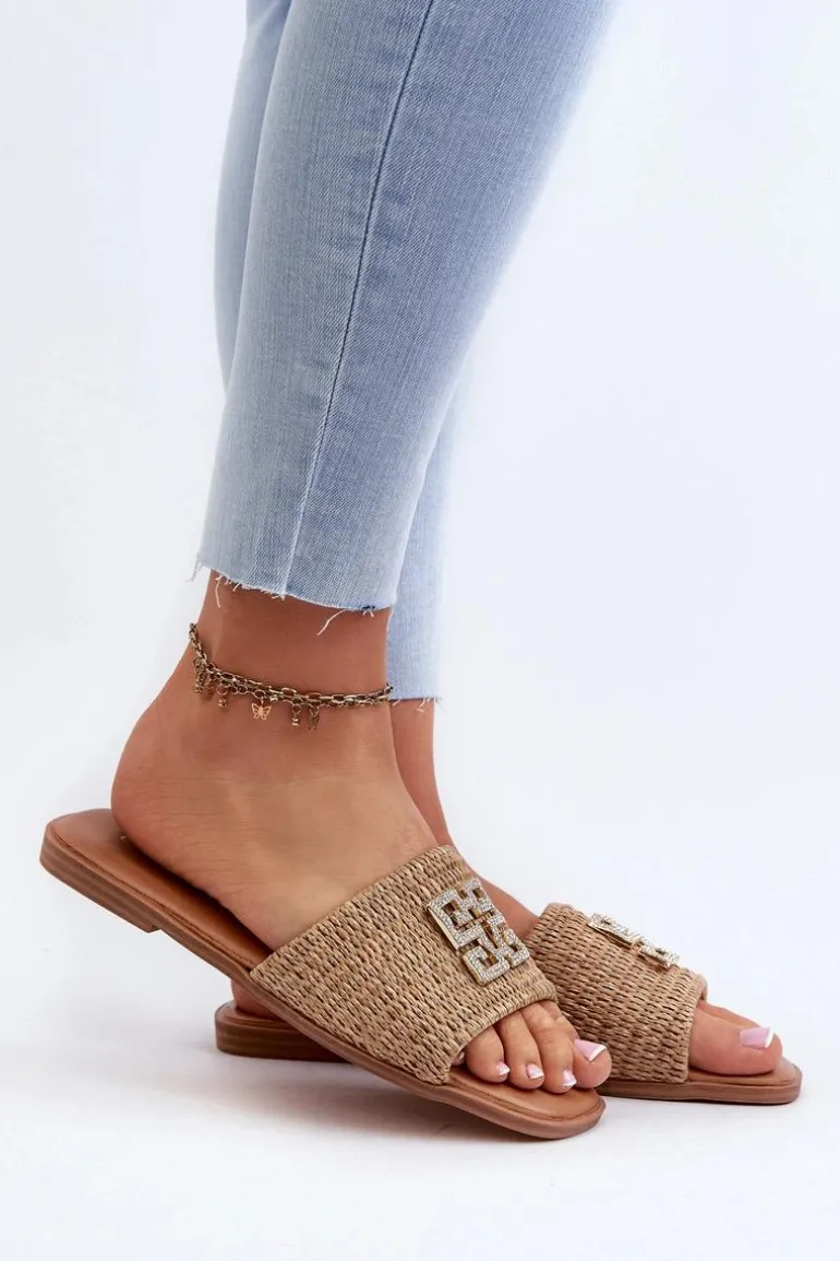 Płaskie Klapki Damskie Z Plecionką I Ozdobą Beżowe Omenna