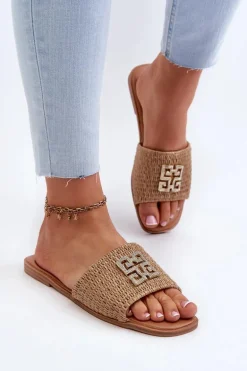 Płaskie Klapki Damskie Z Plecionką I Ozdobą Beżowe Omenna