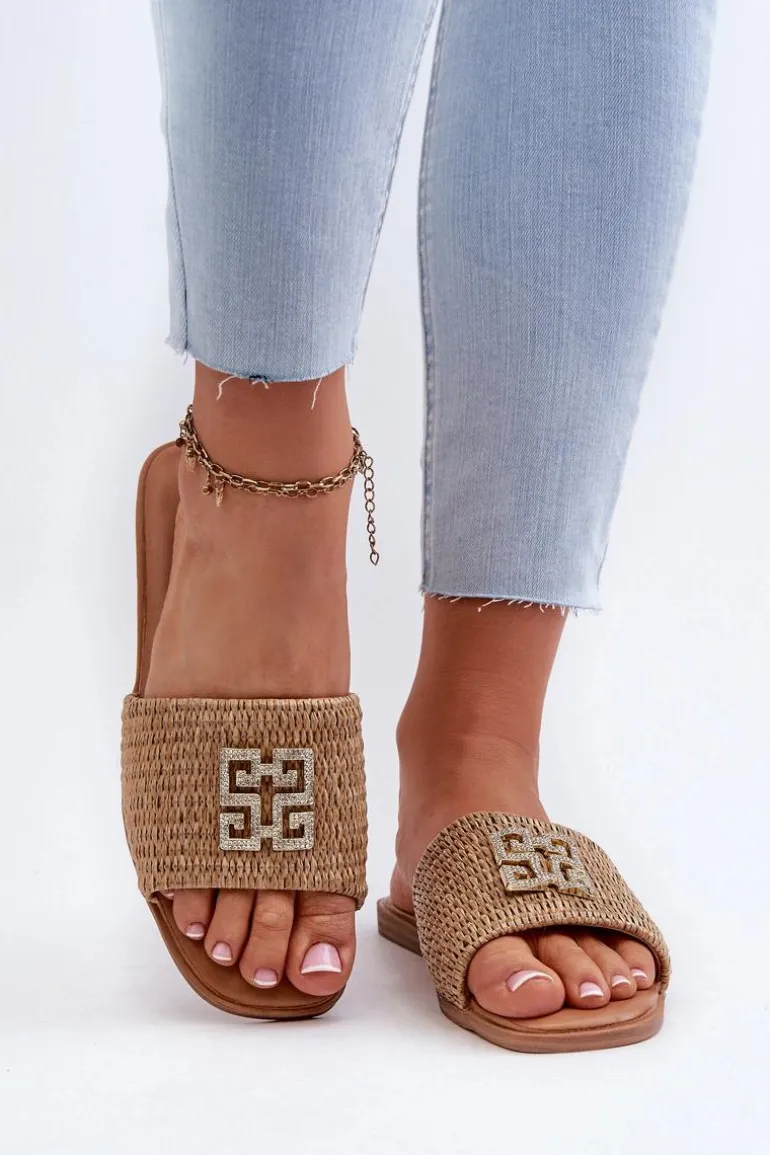 Płaskie Klapki Damskie Z Plecionką I Ozdobą Beżowe Omenna