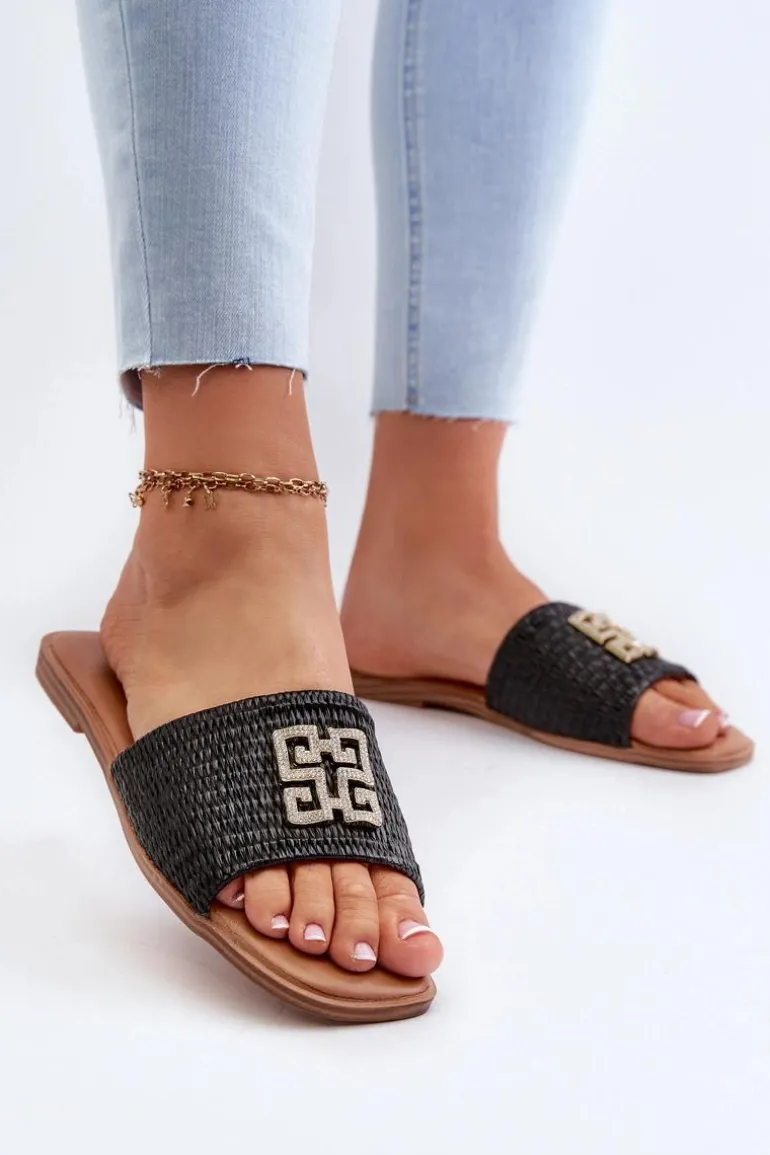 Płaskie Klapki Damskie Z Plecionką I Ozdobą Czarne Omenna