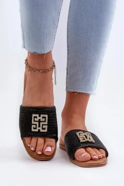 Płaskie Klapki Damskie Z Plecionką I Ozdobą Czarne Omenna