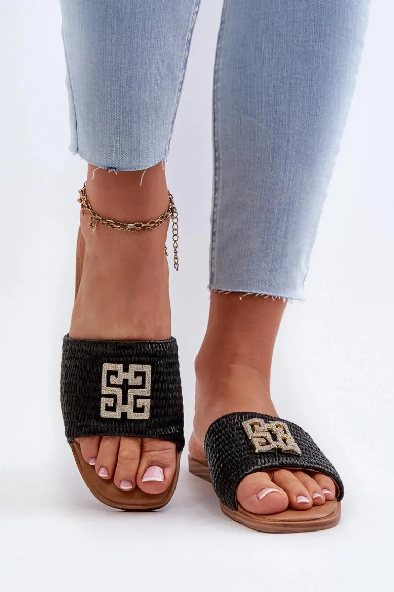 Płaskie Klapki Damskie Z Plecionką I Ozdobą Czarne Omenna