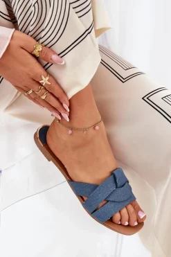 Płaskie Klapki Damskie Z Przeplatającymi Się Paskami Jeansowe Selaenor