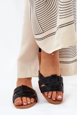 Płaskie Klapki Damskie Z Przeplatającymi Się Paskami Czarne Selaenor