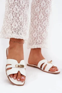 Płaskie Klapki Damskie Z Paseczkiem I Złotym Detalem Białe Kerenza