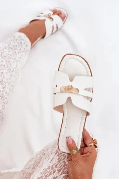 Płaskie Klapki Damskie Z Paseczkiem I Złotym Detalem Białe Kerenza