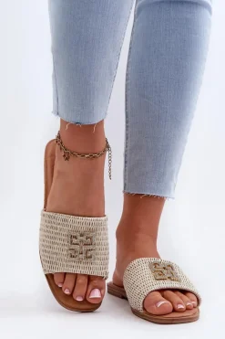 Płaskie Klapki Damskie Z Plecionką I Ozdobą Białe Omenna