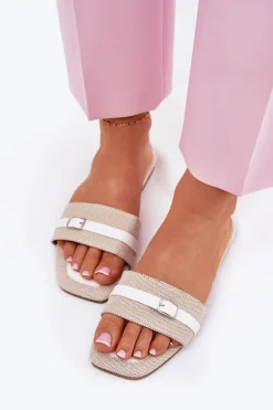 Płaskie Klapki Damskie Z Paskiem I Sprzączką Beżowo-Białe Zilina