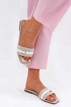 Płaskie Klapki Damskie Z Paskiem I Sprzączką Beżowo-Białe Zilina