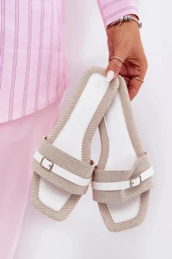 Płaskie Klapki Damskie Z Paskiem I Sprzączką Beżowo-Białe Zilina