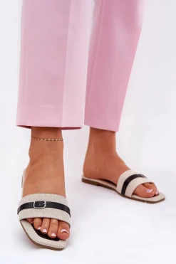 Płaskie Klapki Damskie Z Paskiem I Sprzączką Beżowo-Czarne Zilina