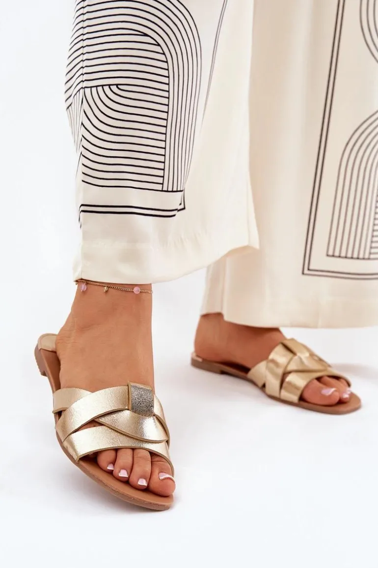 Płaskie Klapki Damskie Z Przeplatającymi Się Paskami Złote Selaenor