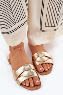 Płaskie Klapki Damskie Z Przeplatającymi Się Paskami Złote Selaenor