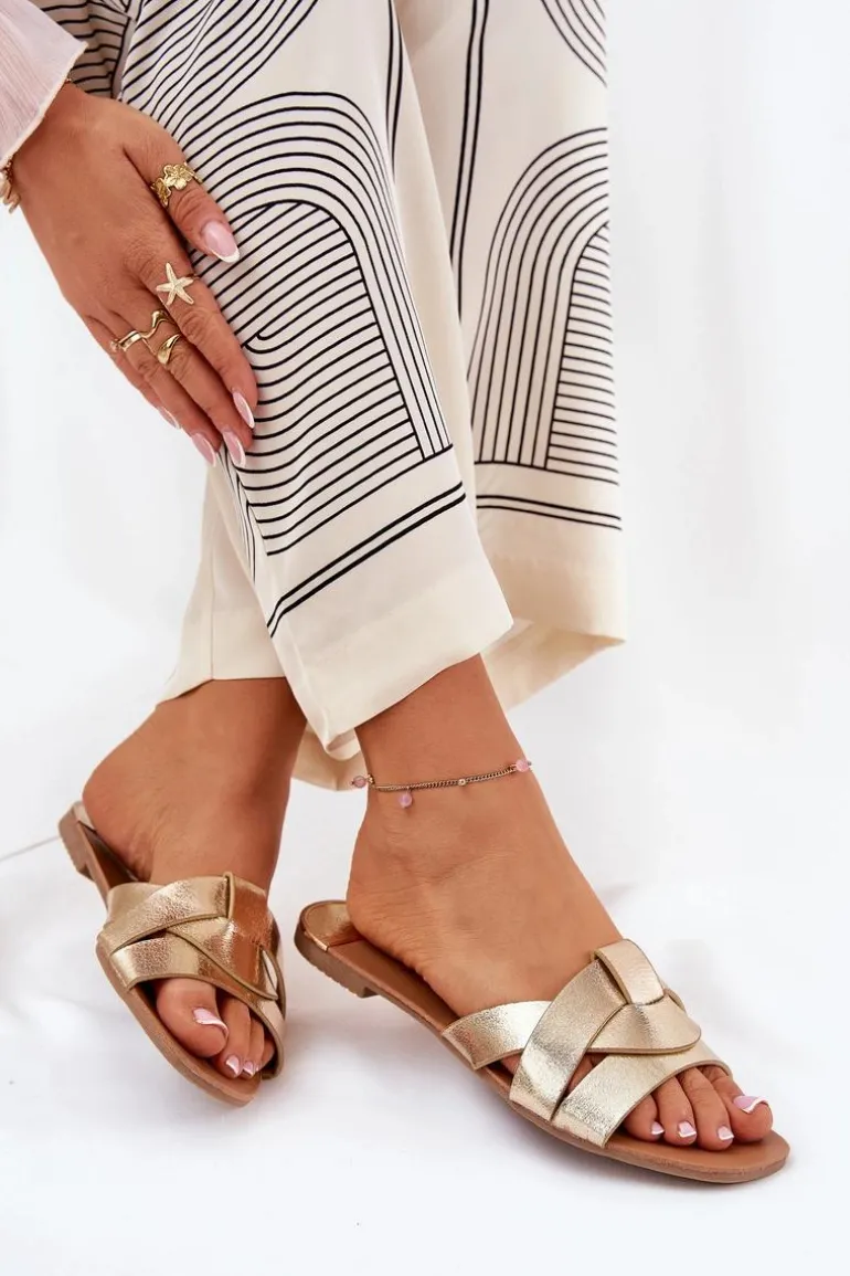 Płaskie Klapki Damskie Z Przeplatającymi Się Paskami Złote Selaenor
