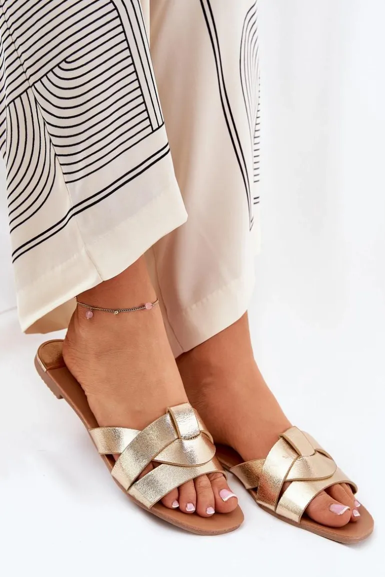 Płaskie Klapki Damskie Z Przeplatającymi Się Paskami Złote Selaenor