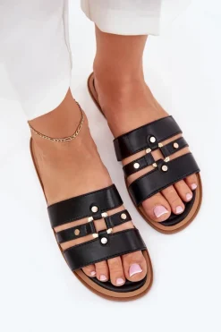 Płaskie Klapki Damskie Ze Złotym Detalem Czarne Noroti