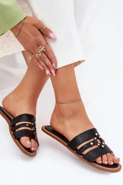 Płaskie Klapki Damskie Ze Złotym Detalem Czarne Noroti