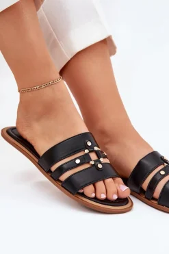 Płaskie Klapki Damskie Ze Złotym Detalem Czarne Noroti