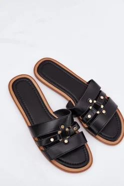 Płaskie Klapki Damskie Ze Złotym Detalem Czarne Noroti