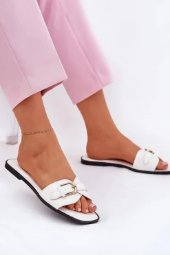 Płaskie Klapki Damskie Ze Złotą Klamrą Białe Esiobb