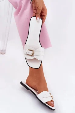 Płaskie Klapki Damskie Ze Złotą Klamrą Białe Esiobb