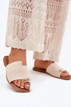 Płaskie Klapki Damskie Ze Złotym Detalem Beżowe Ebilina