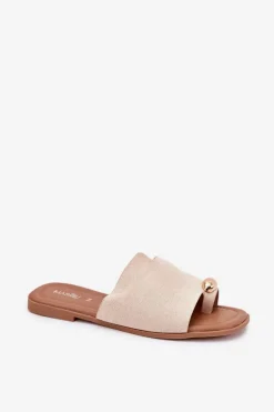 Płaskie Klapki Damskie Ze Złotym Detalem Beżowe Ebilina