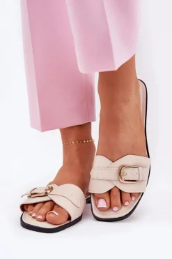 Płaskie Klapki Damskie Ze Złotą Klamrą Beżowe Esiobb