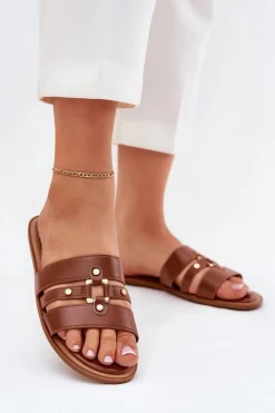 Płaskie Klapki Damskie Ze Złotym Detalem Camel Noroti