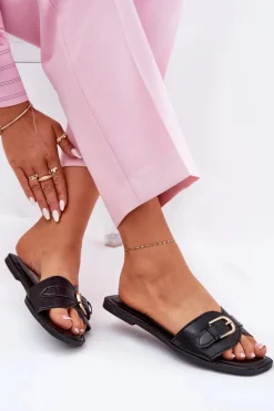 Płaskie Klapki Damskie Ze Złotą Klamrą Czarne Esiobb