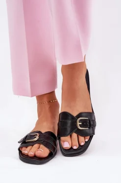 Płaskie Klapki Damskie Ze Złotą Klamrą Czarne Esiobb