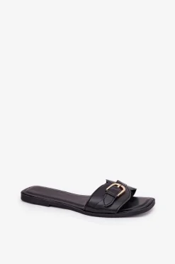 Płaskie Klapki Damskie Ze Złotą Klamrą Czarne Esiobb