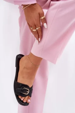 Płaskie Klapki Damskie Ze Złotą Klamrą Czarne Esiobb